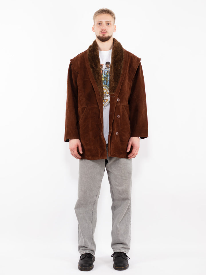 Vintage 90's Men Faux Sheepskin Coat in Brown