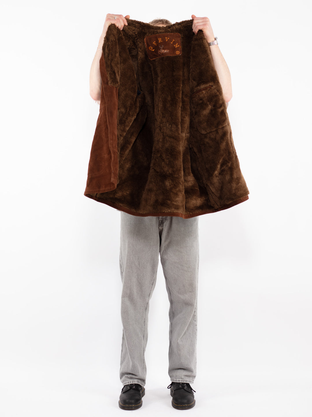 Vintage 90's Men Faux Sheepskin Coat in Brown