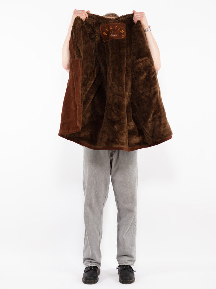 Vintage 90's Men Faux Sheepskin Coat in Brown