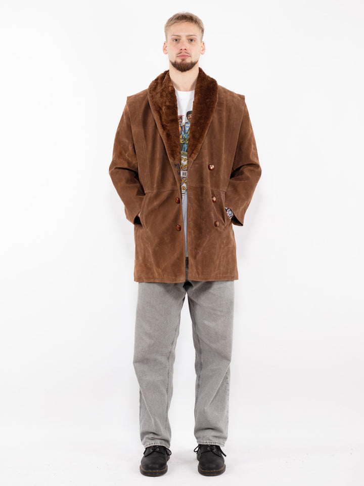 Vintage 90's Men Faux Sheepskin Coat in Brown