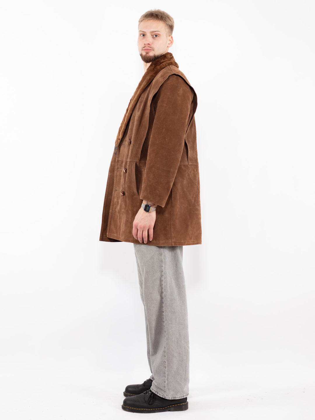 Vintage 90's Men Faux Sheepskin Coat in Brown