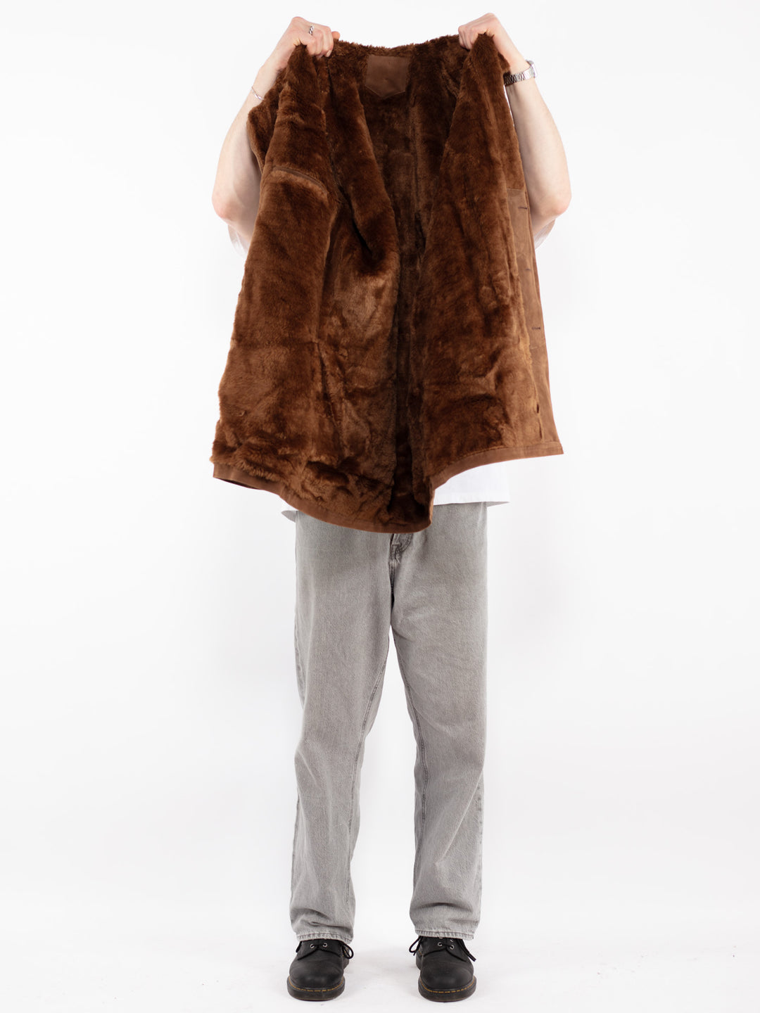 Vintage 90's Men Faux Sheepskin Coat in Brown