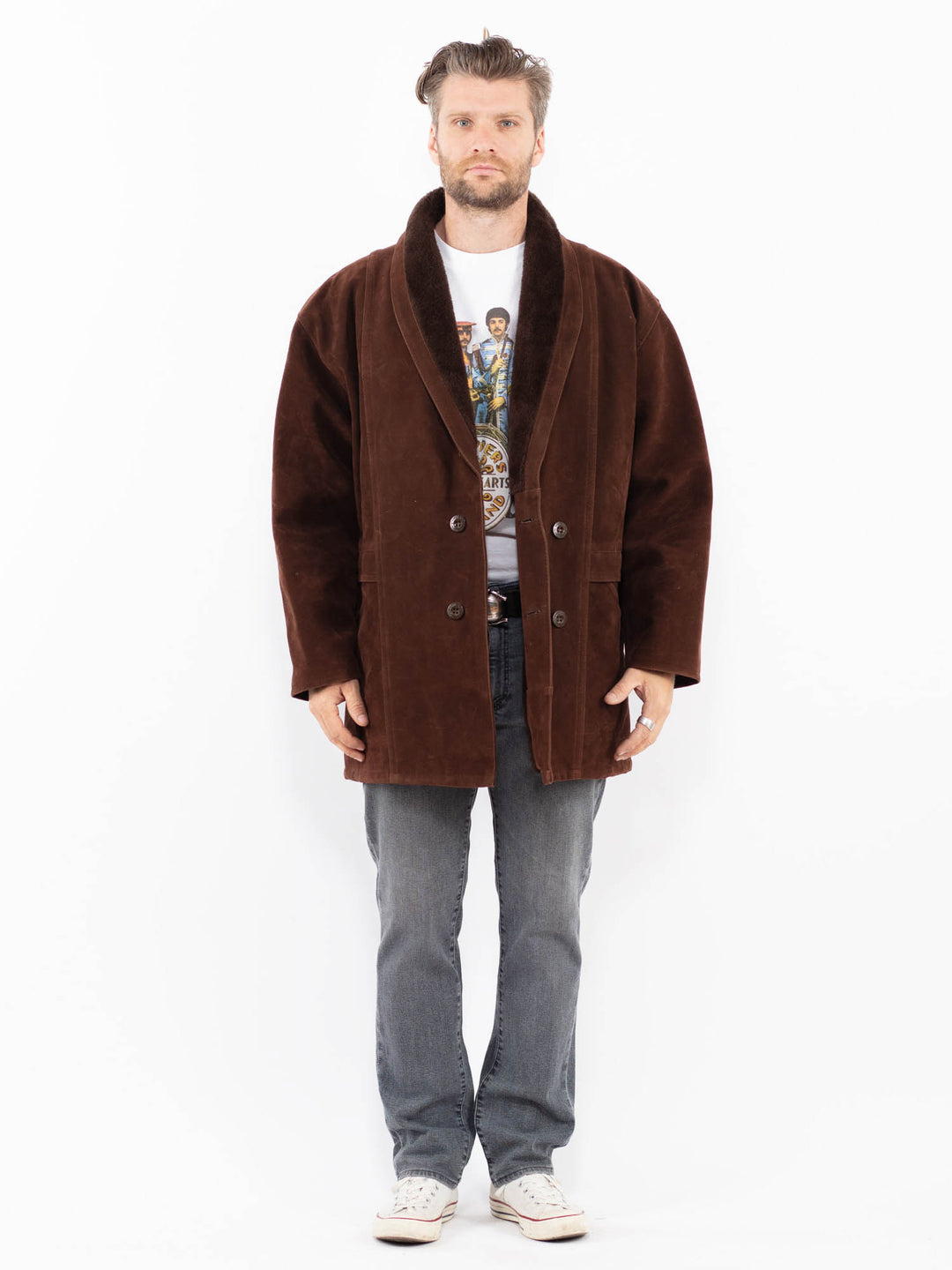 Vintage 90's Men Faux Sheepskin Coat in BrownZ2020