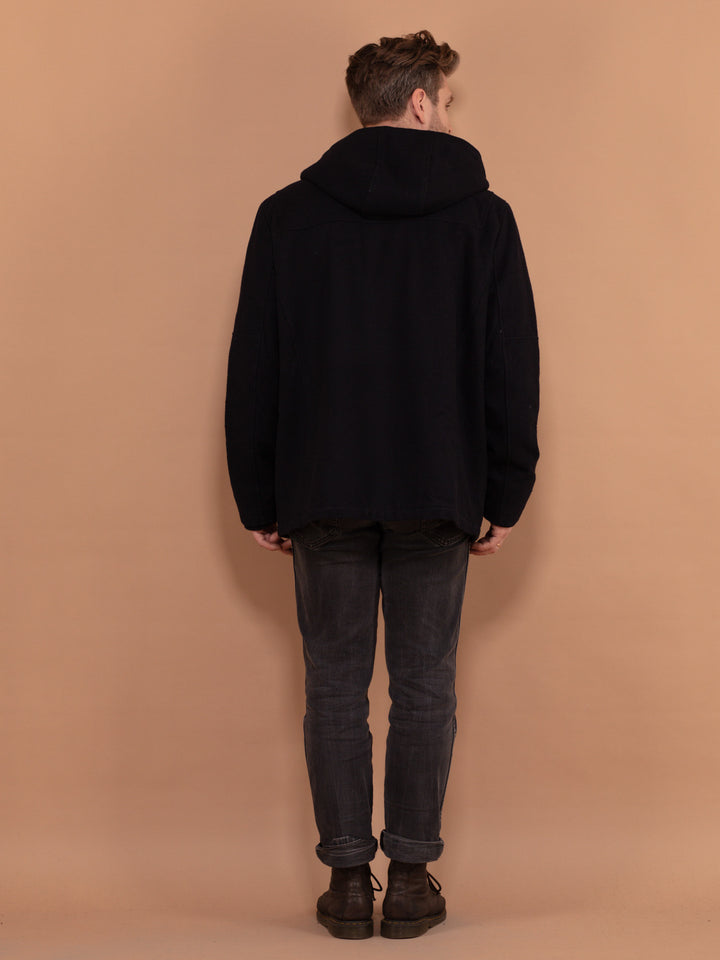 Vintage 90's Men Hooded Wool Duffle Coat in Blue - NorthernGrip