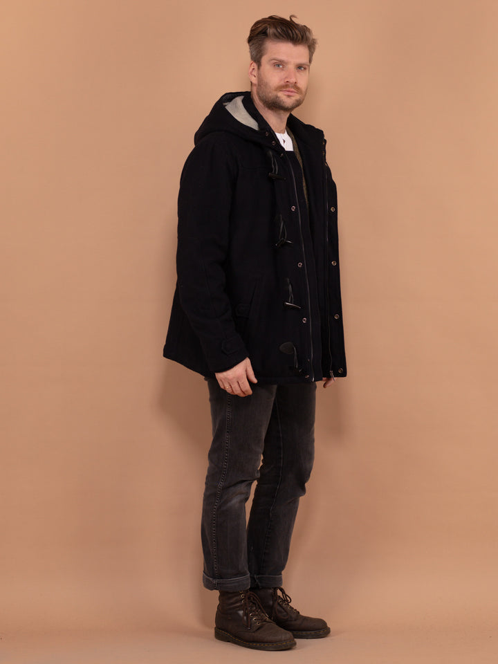 Vintage 90's Men Hooded Wool Duffle Coat in Blue - NorthernGrip