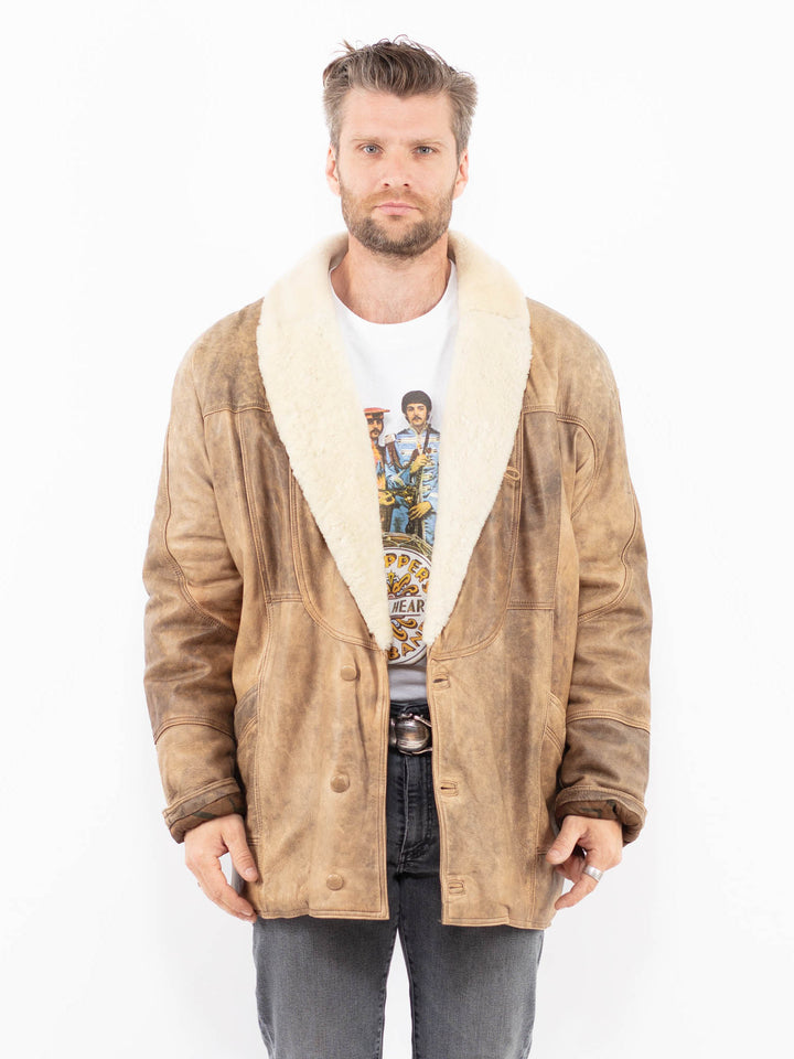 Vintage 90's Men Leather Coat in BeigeZ1926