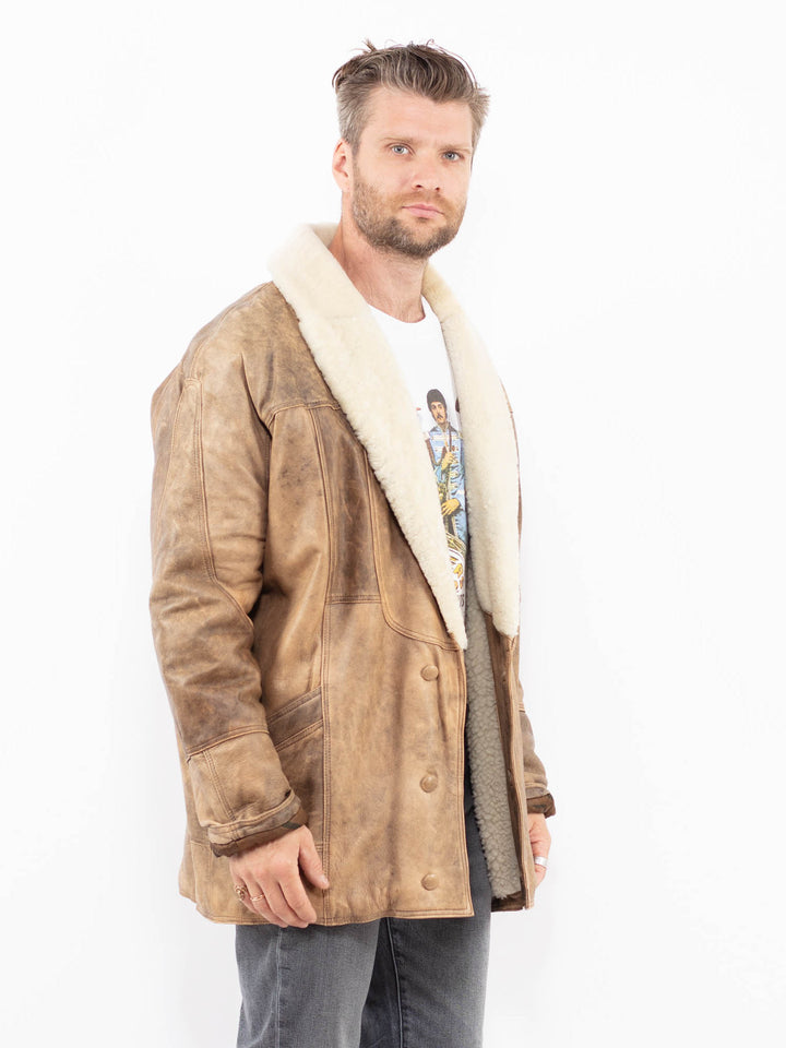 Vintage 90's Men Leather Coat in BeigeZ1926