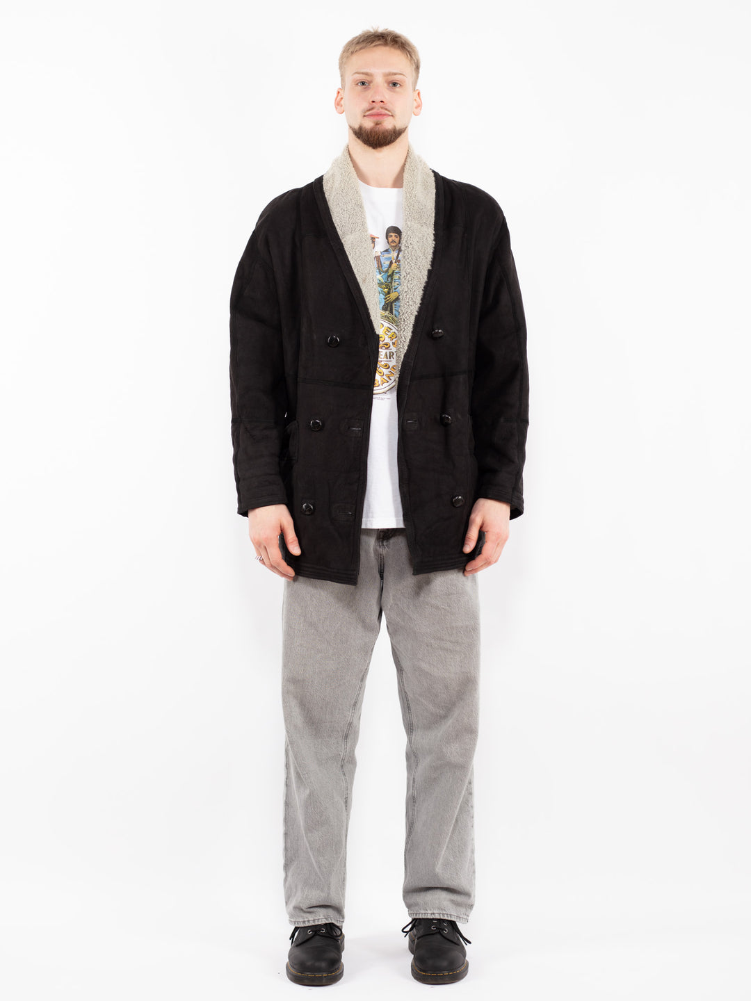 Vintage 90's Men Sheepskin Coat in Black