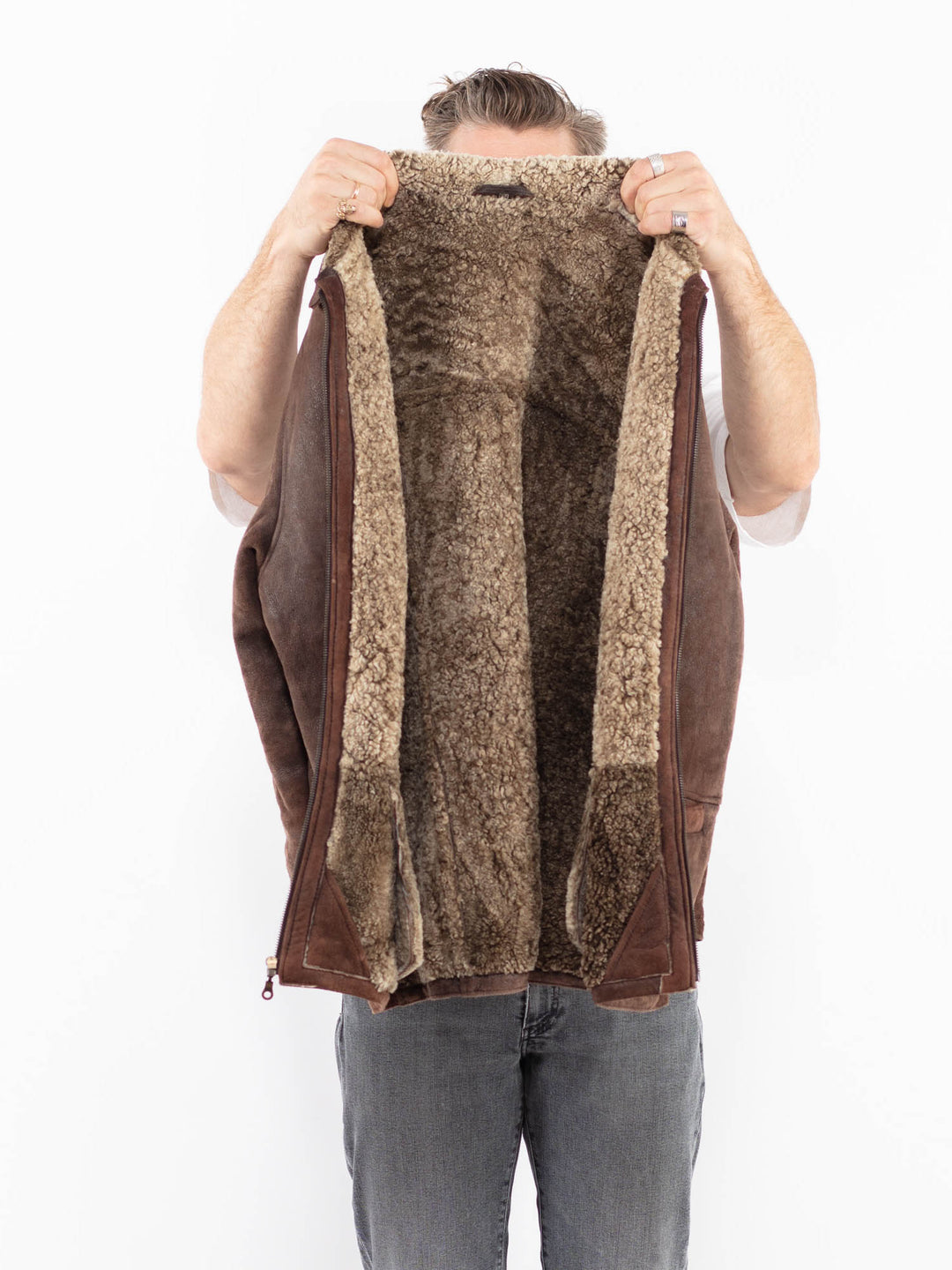 Vintage 90's Men Sheepskin Shearling Coat in BrownZ1914