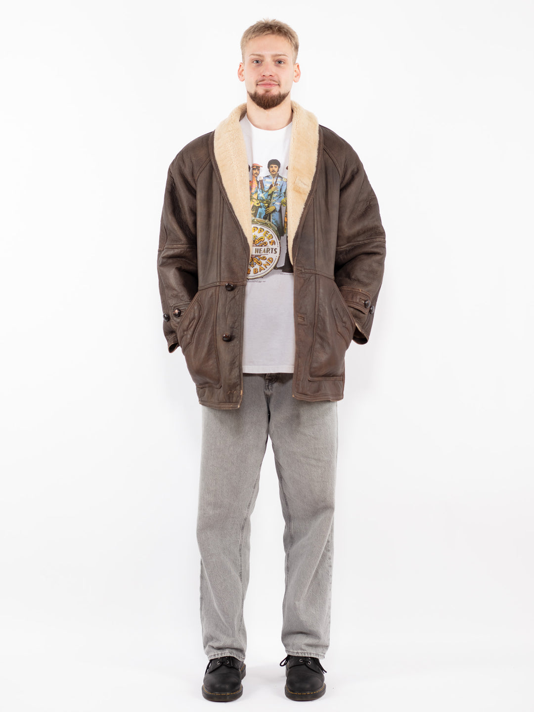 Vintage 90's Men Sheepskin Shearling Coat in Brown