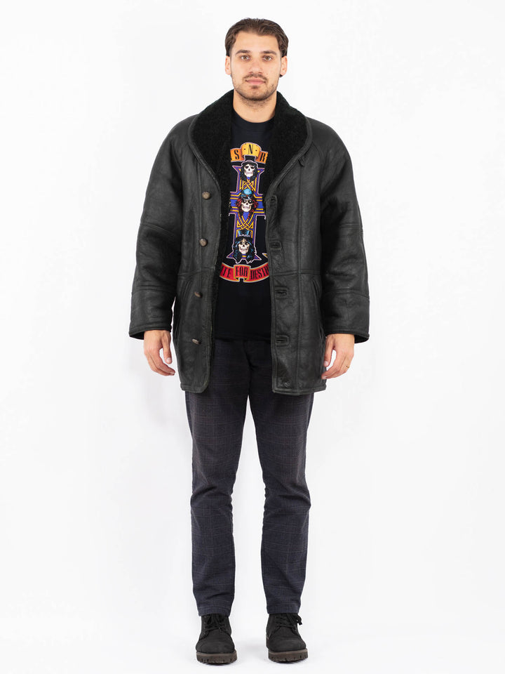 Vintage 80's Men Sheepskin Shearling Coat in BlackZ2379