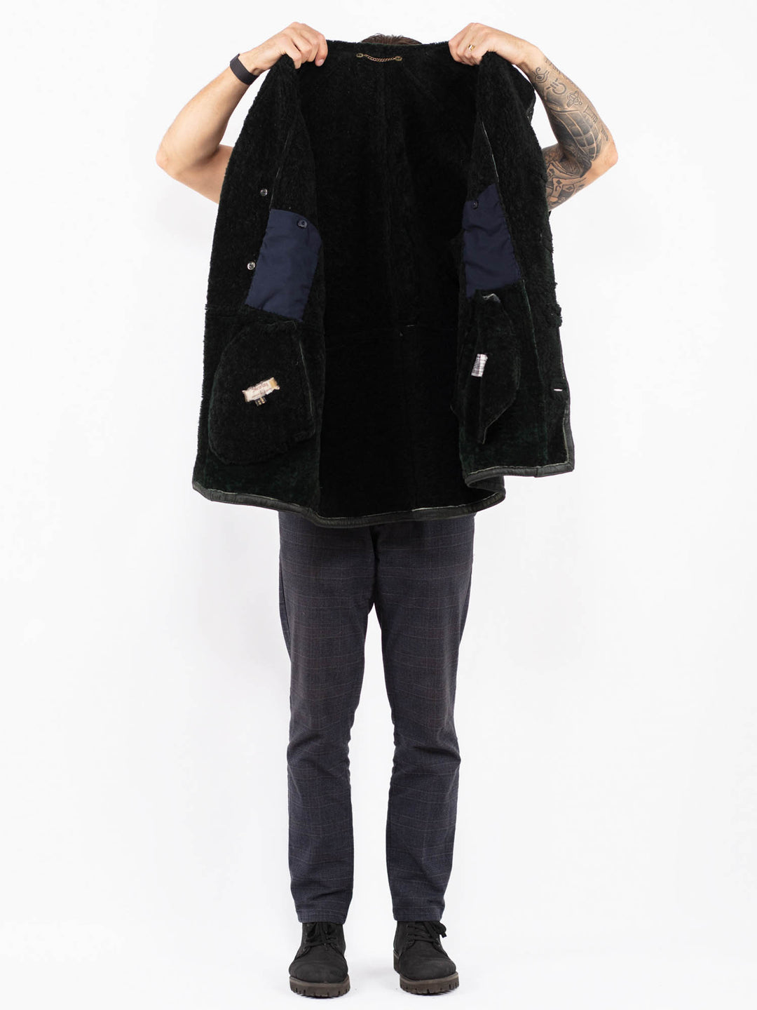 Vintage 80's Men Sheepskin Shearling Coat in BlackZ2379