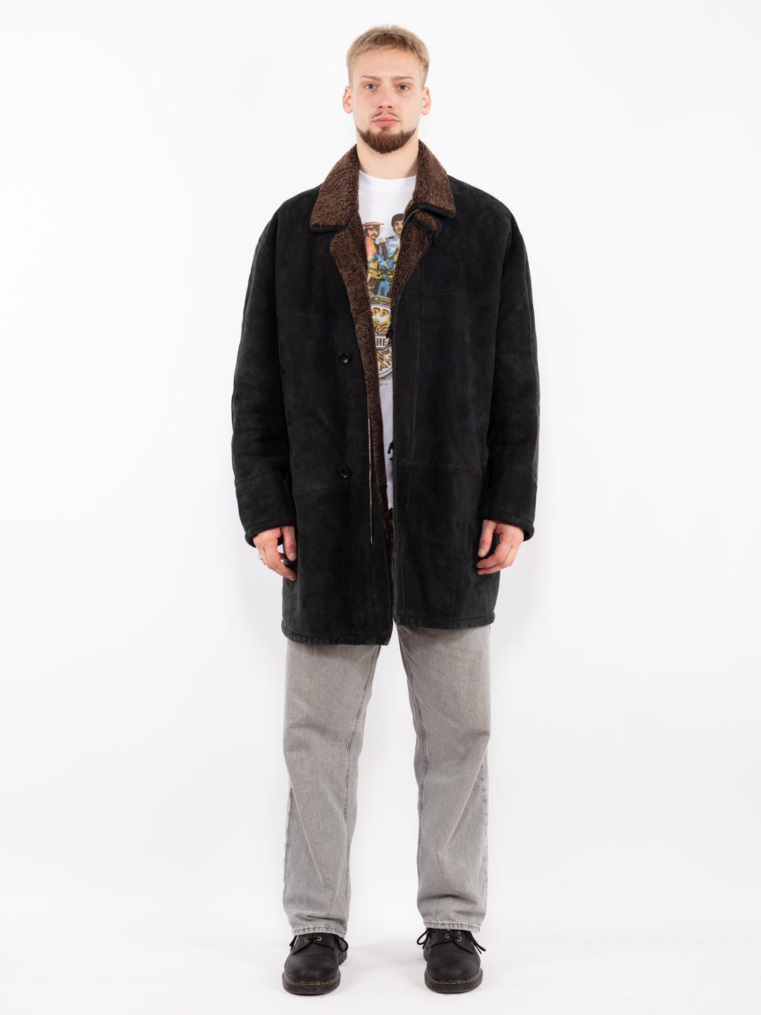 Vintage 90's Men Sheepskin Shearling Coat in Black