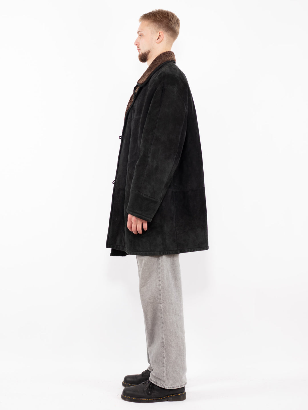 Vintage 90's Men Sheepskin Shearling Coat in Black