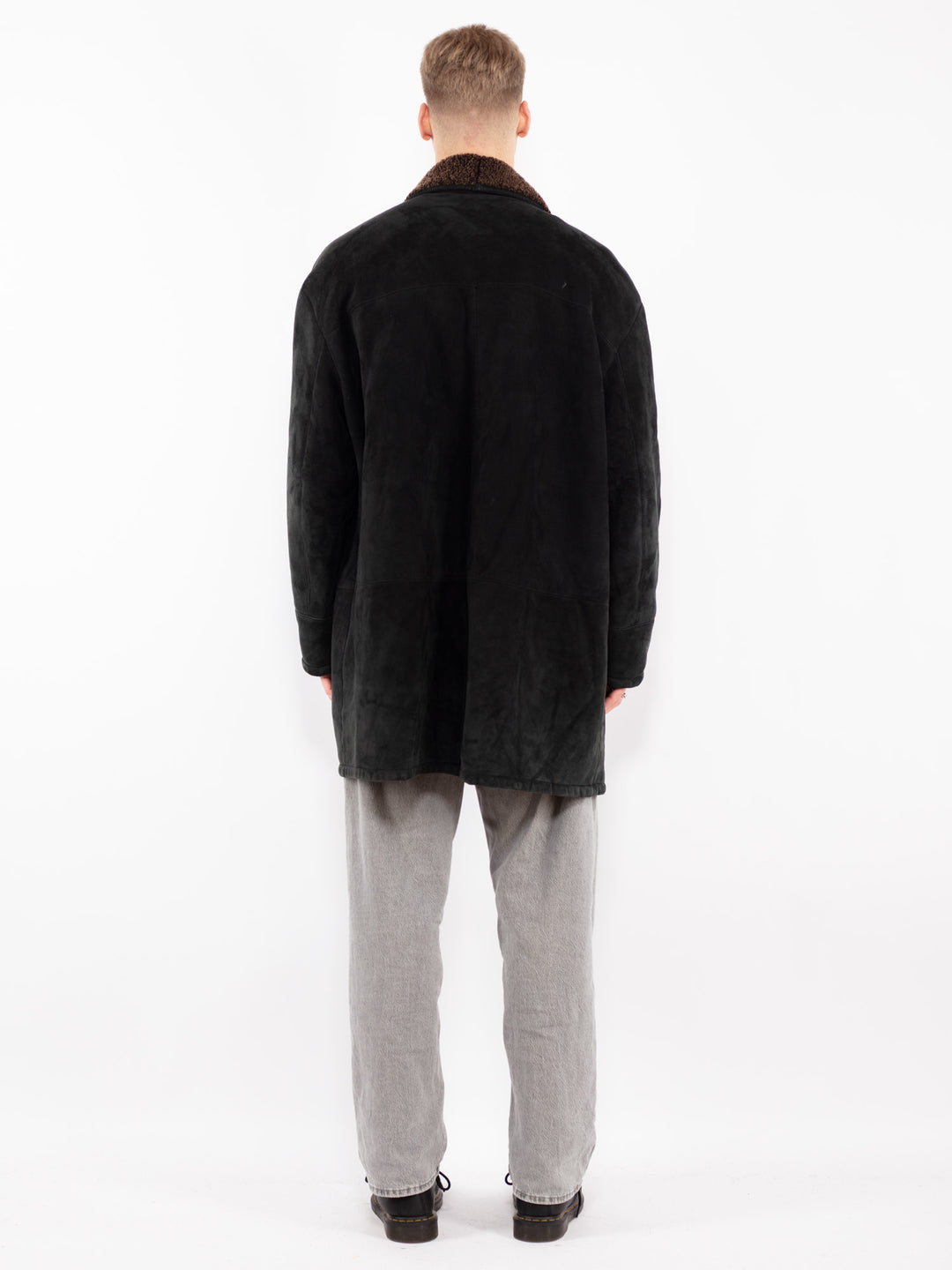 Vintage 90's Men Sheepskin Shearling Coat in Black