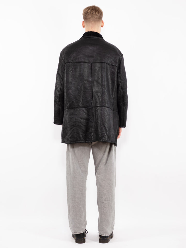 Vintage 90's Men Sheepskin Leather Coat in Black