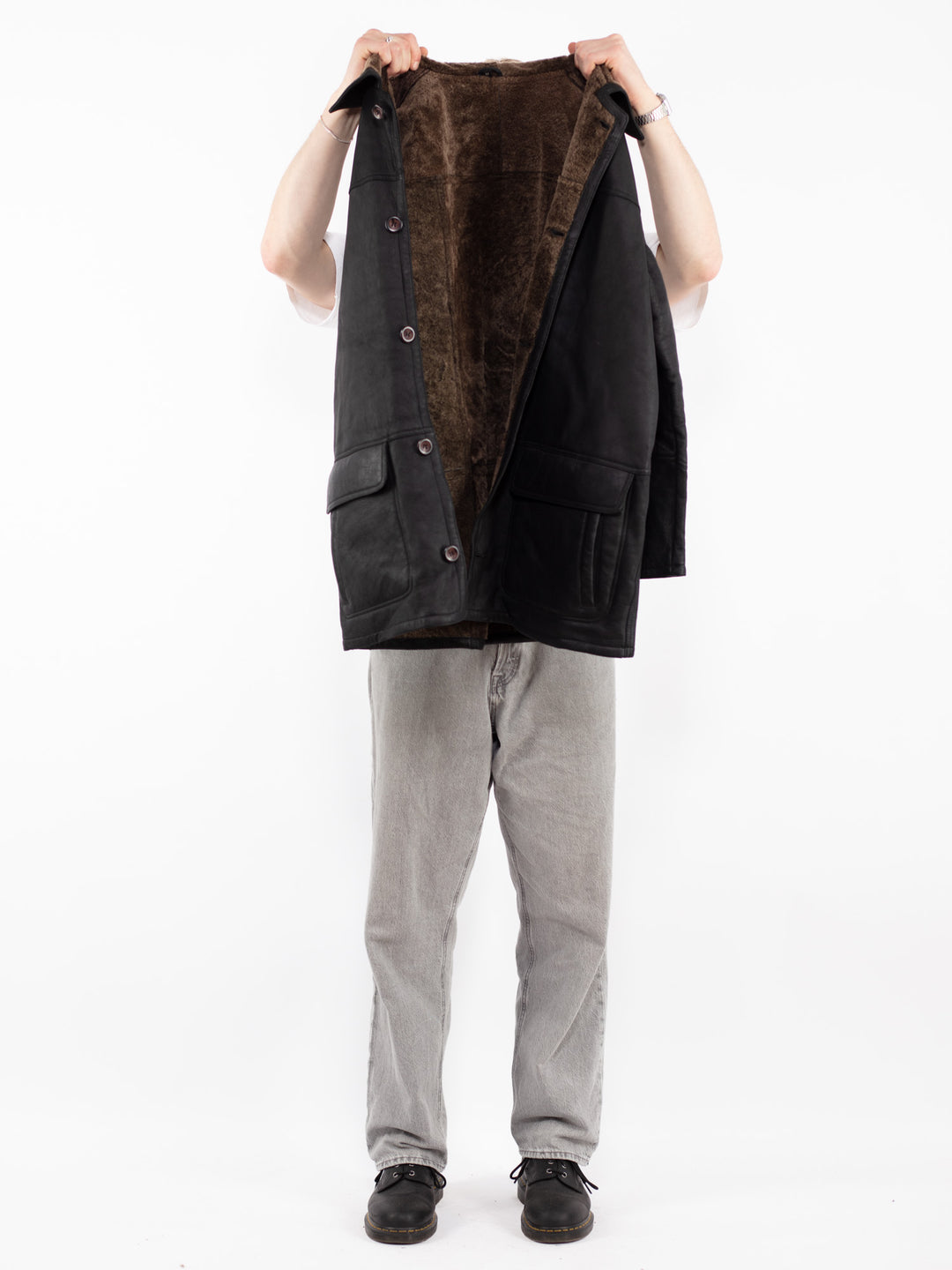 Vintage 90's Men Sheepskin Leather Coat in Black