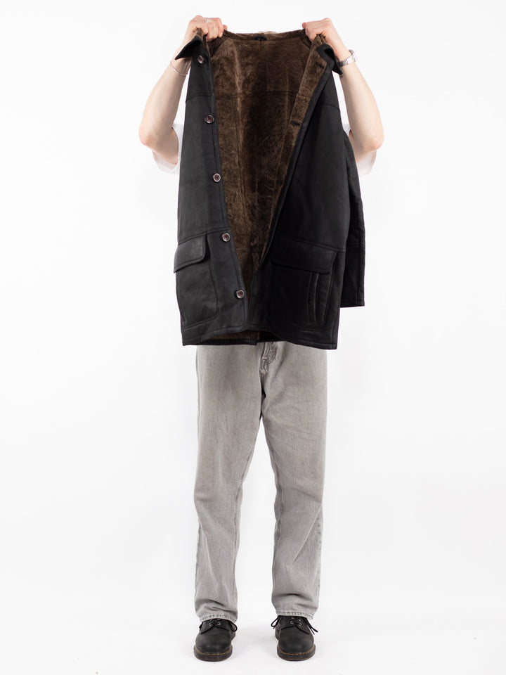 Vintage 90's Men Sheepskin Leather Coat in Black