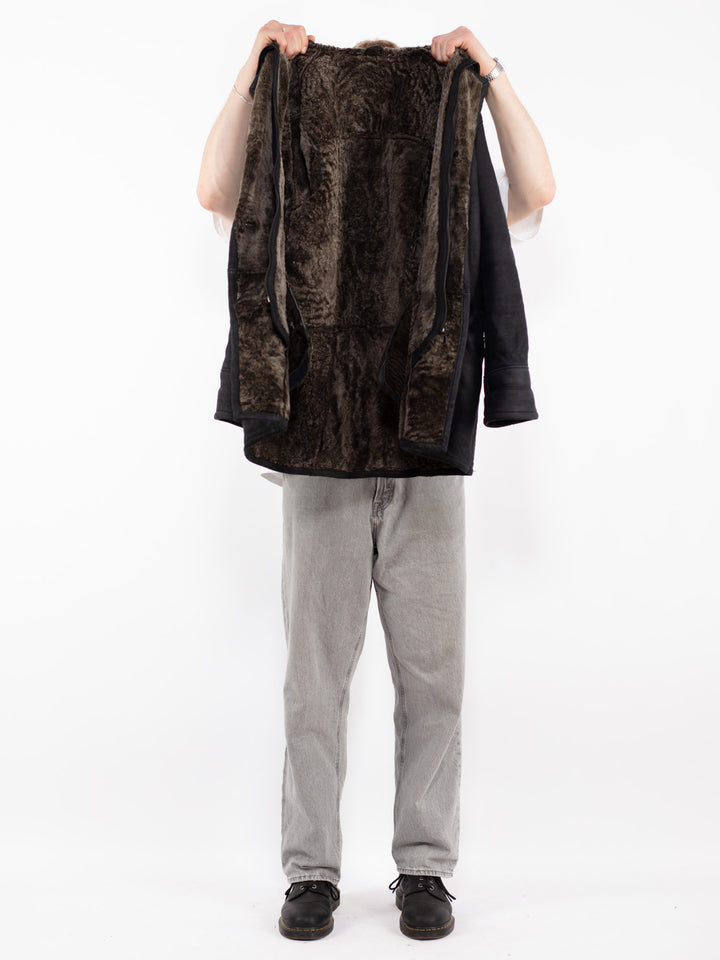 Vintage 90's Men Sheepskin Coat in Black