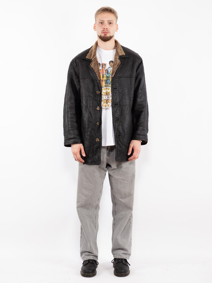 Vintage 90's Men Sheepskin Shearling Coat in Black