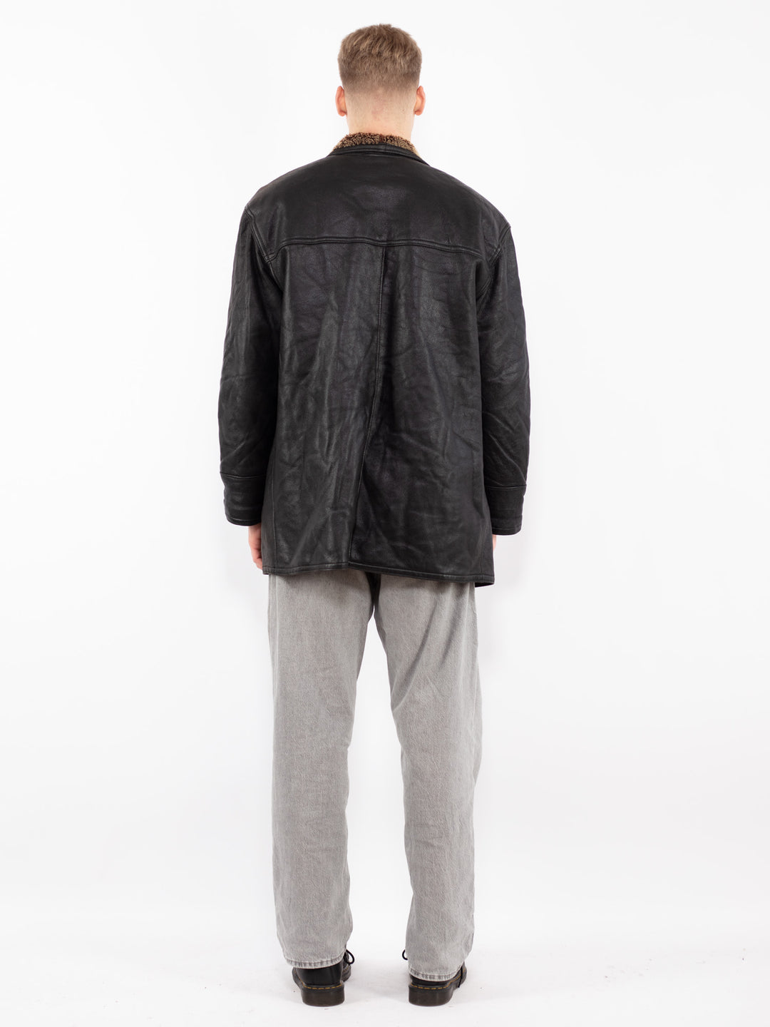 Vintage 90's Men Sheepskin Shearling Coat in Black