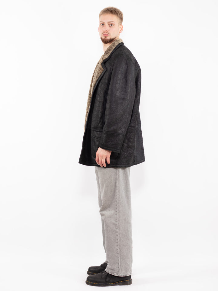 Vintage 90's Men Sheepskin Leather Coat in Black