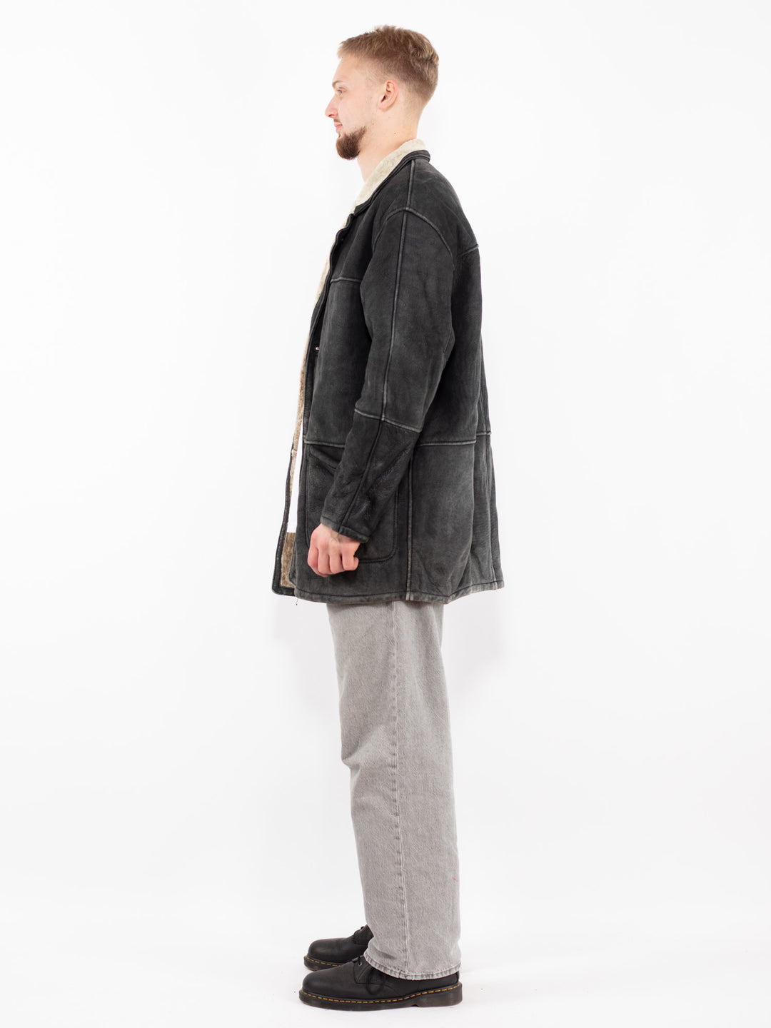 Vintage 90's Men Sheepskin Coat in Faded Black