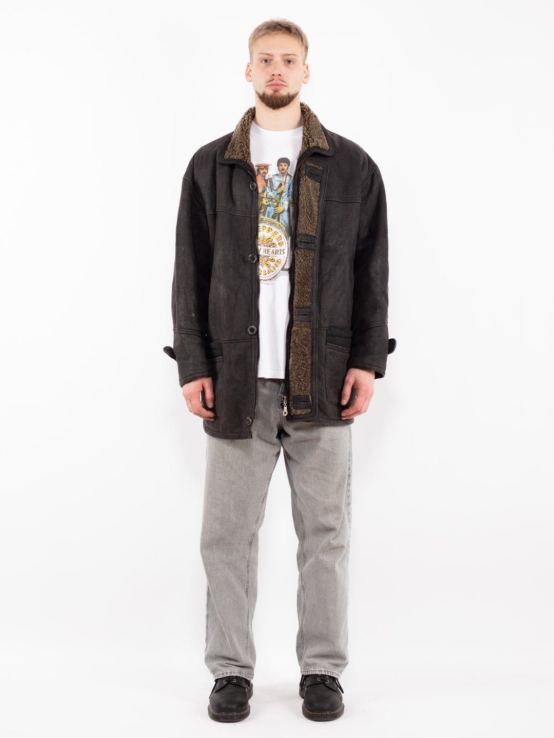 Vintage 90's Men Sheepskin Leather Coat in Black