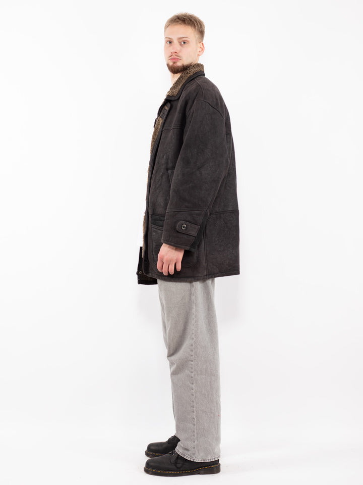 Vintage 90's Men Sheepskin Leather Coat in Black