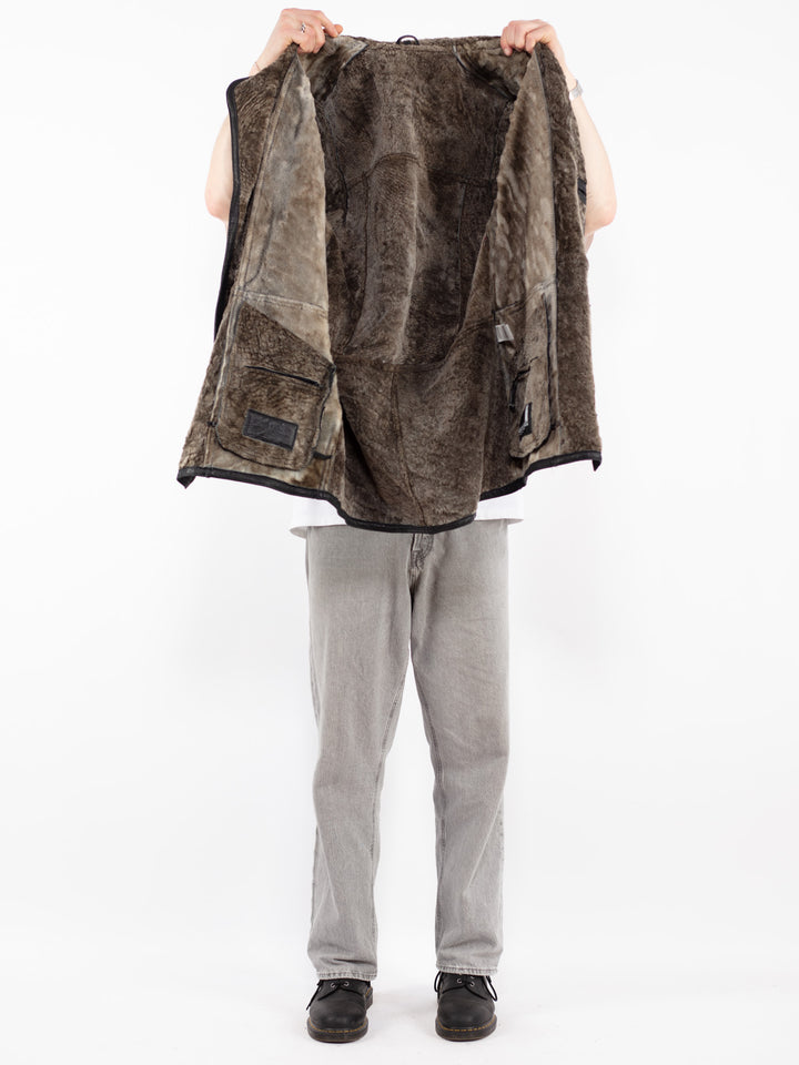 Vintage 90's Men Sheepskin Leather Coat in Black