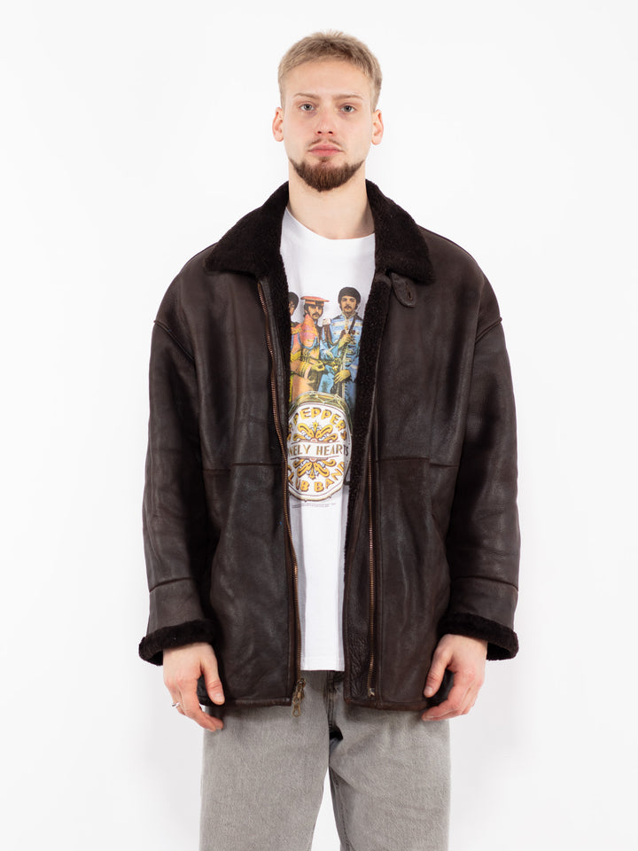 Vintage 90's Men Sheepskin Leather Coat in Brown