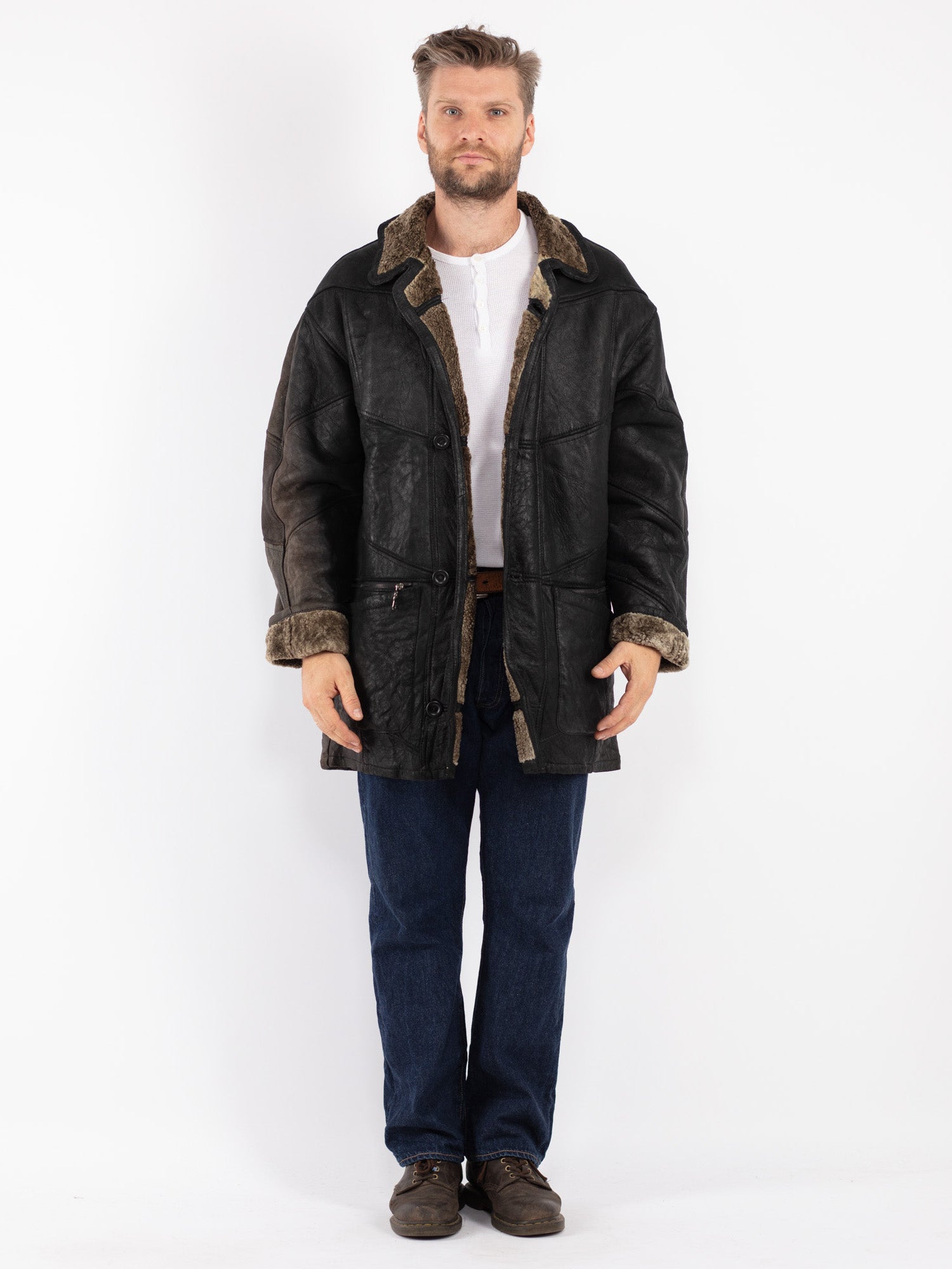 Online Vintage Store Vintage 90's Men Sheepskin Coat in Black