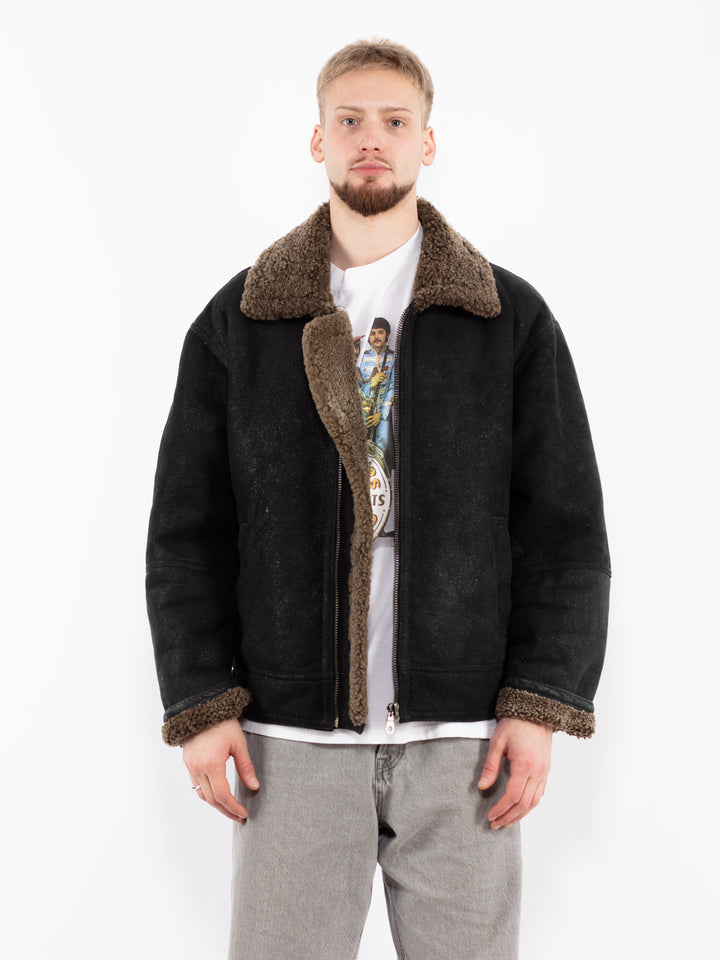 Vintage 90's Men B-3 Style Sheepskin Bomber Jacket in Black