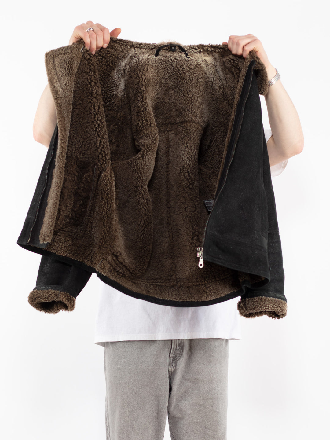 Vintage 90's Men B-3 Style Sheepskin Bomber Jacket in Black