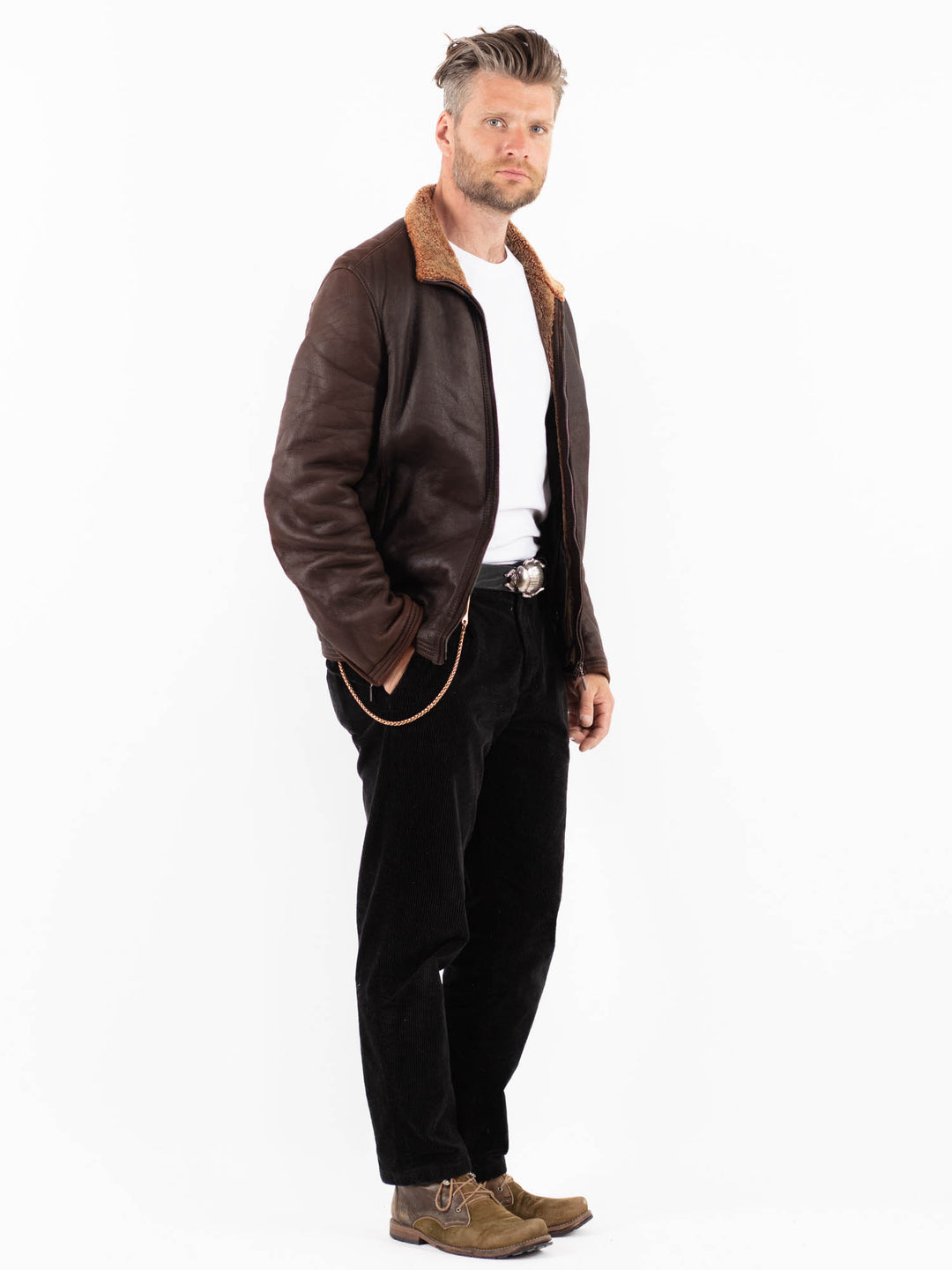 Vintage 90's Men Sheepskin Shearling Jacket in BrownZ1894