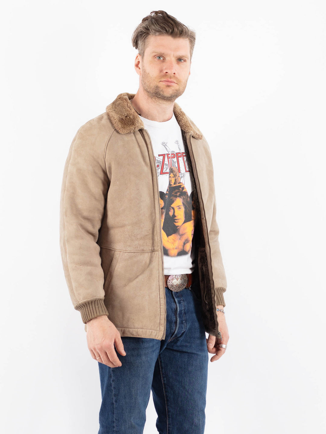 Vintage 90's Men Sheepskin Jacket in BeigeZ1574