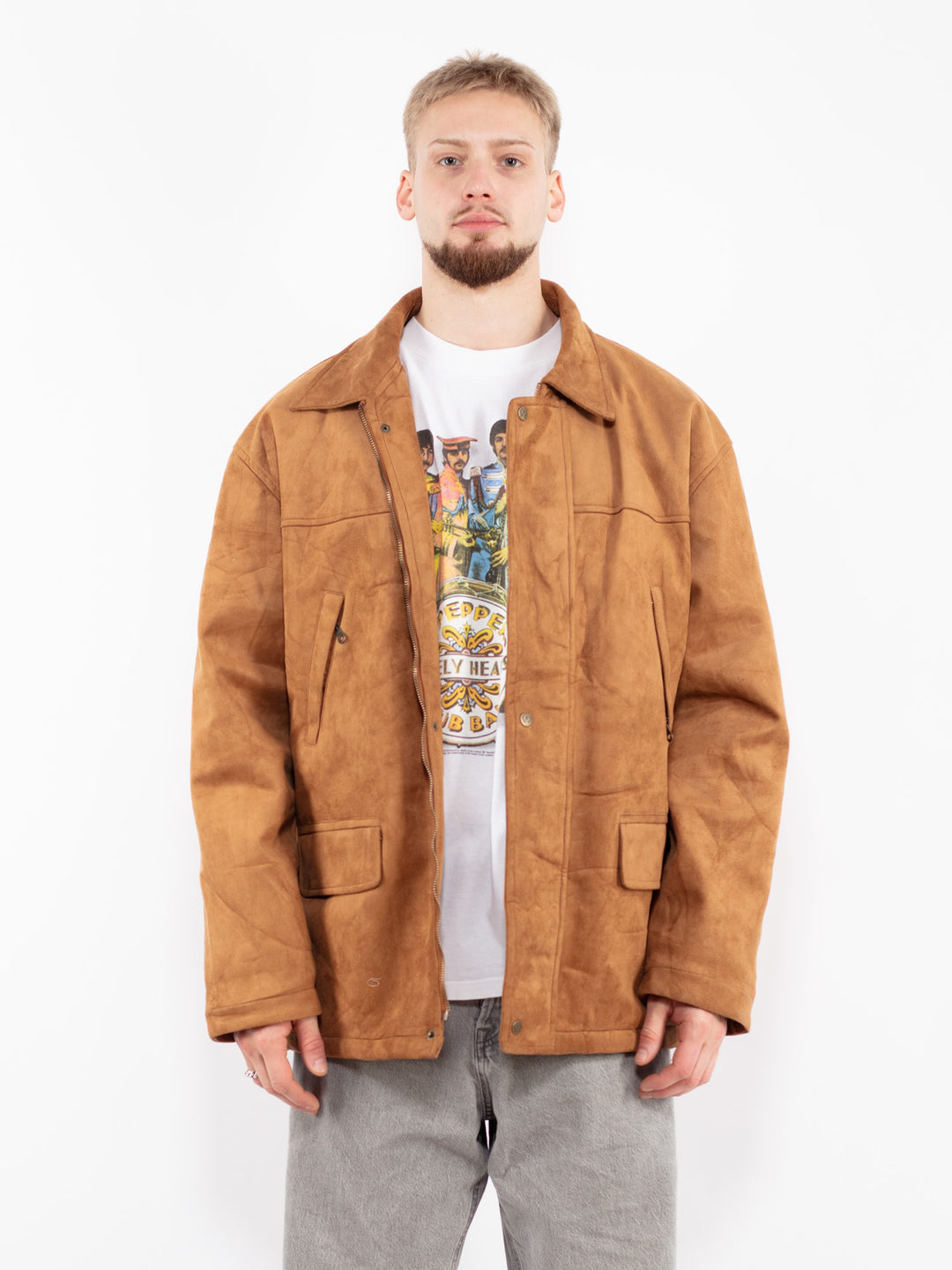 Vintage 90's Men Faux Suede Jacket in Brown