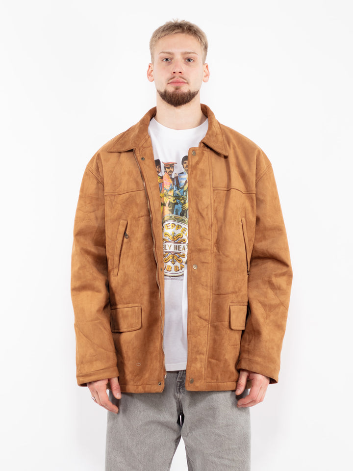 Vintage 90's Men Faux Suede Jacket in Brown