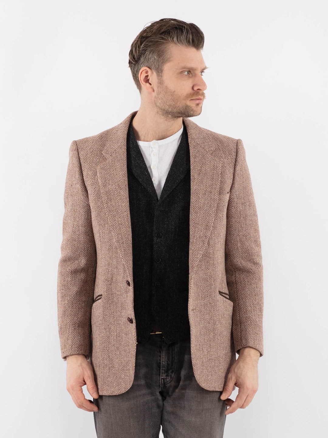 Vintage 90's Men Harris Tweed Jacket in Beige