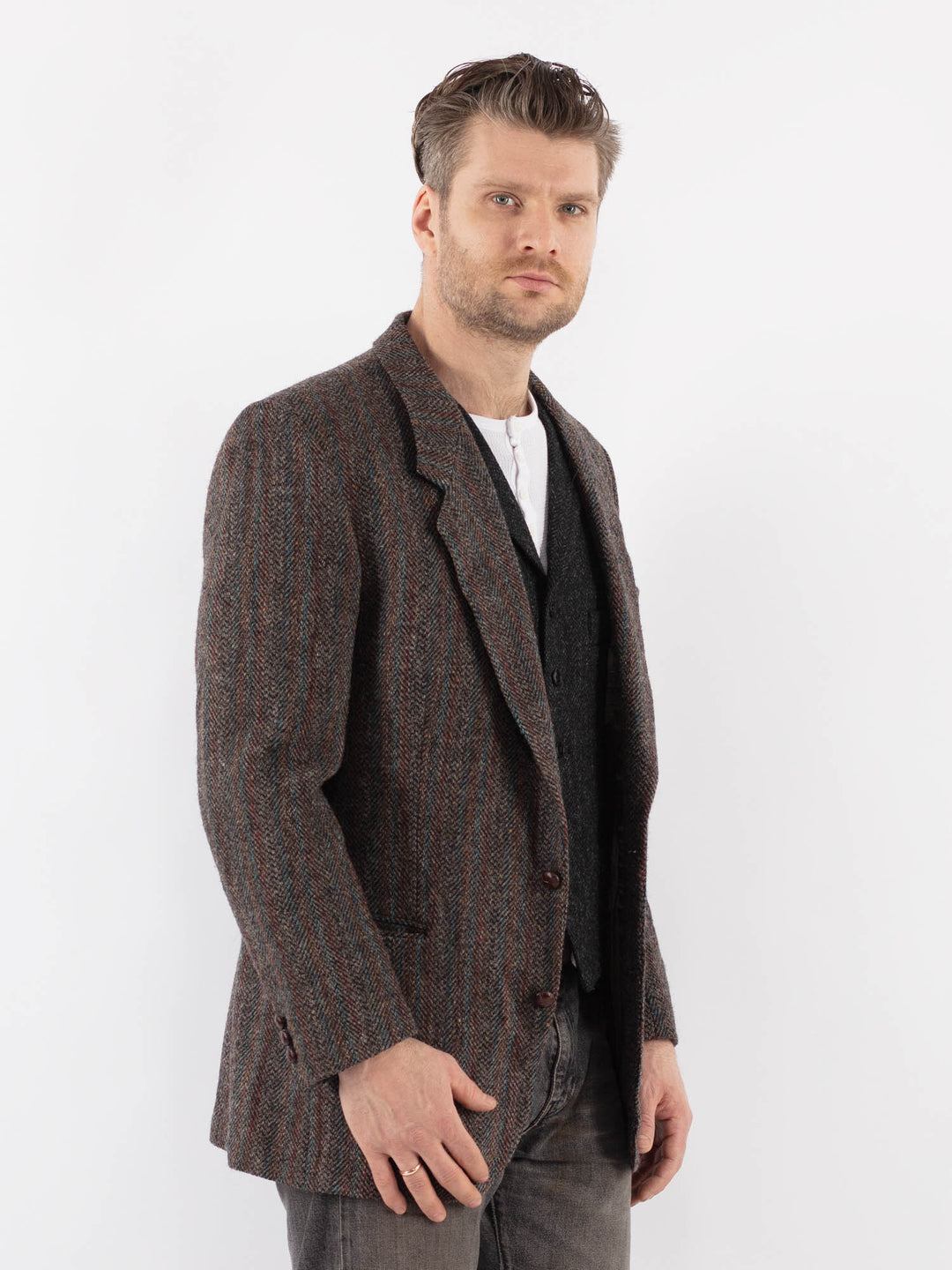 Vintage 90's Men Harris Tweed Jacket in Gray Brown