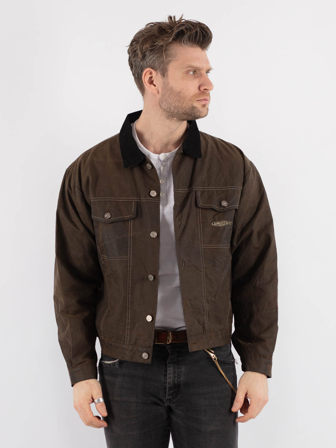 Vintage 90's Men Waxed Canvas Jacket in BrownZ676
