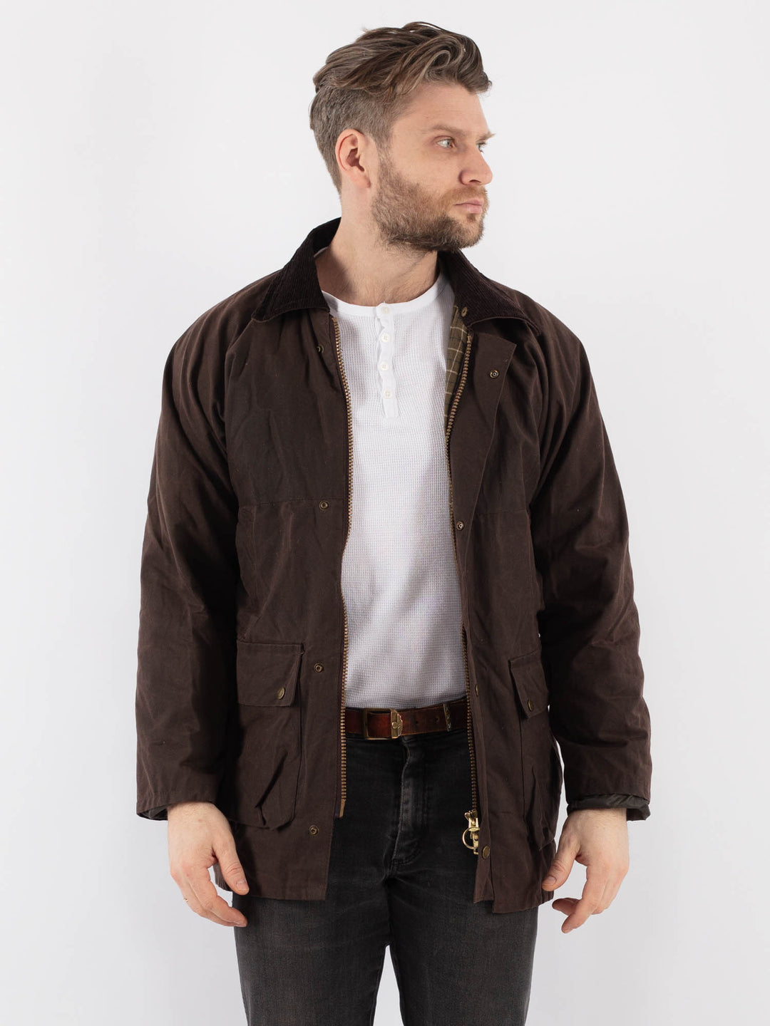Vintage 90's Men Waxed Canvas Jacket in BrownZ889