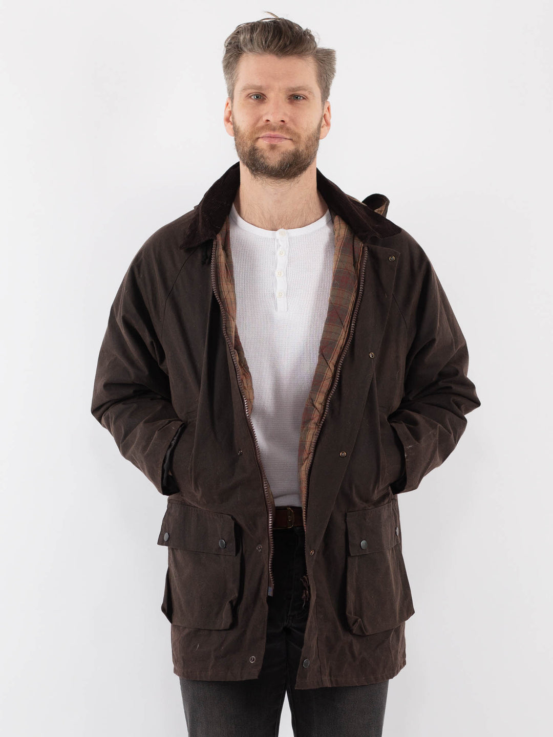 Vintage 90's Men Waxed Canvas Jacket in BrownZ890