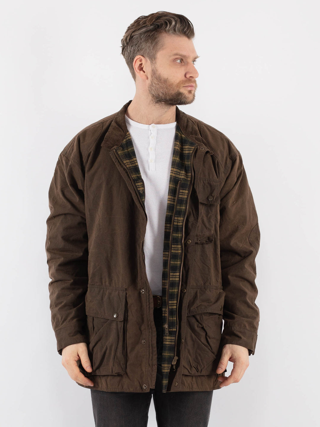Vintage 90's Men Waxed Canvas Jacket in BrownZ891