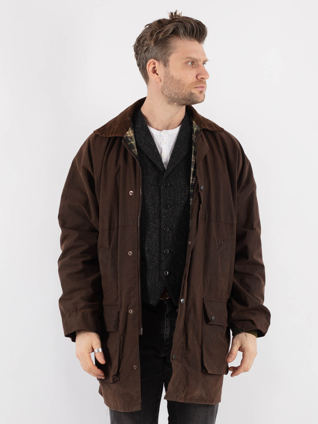 Vintage 90's Men Waxed Cotton Jacket in BrownZ652