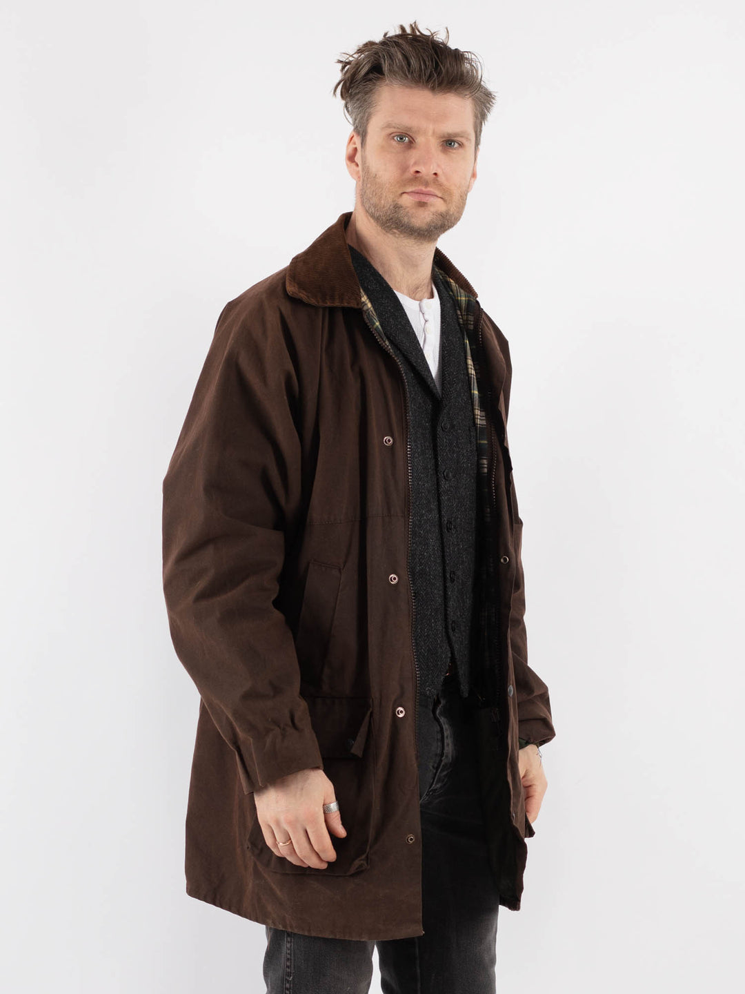 Vintage 90's Men Waxed Cotton Jacket in BrownZ652