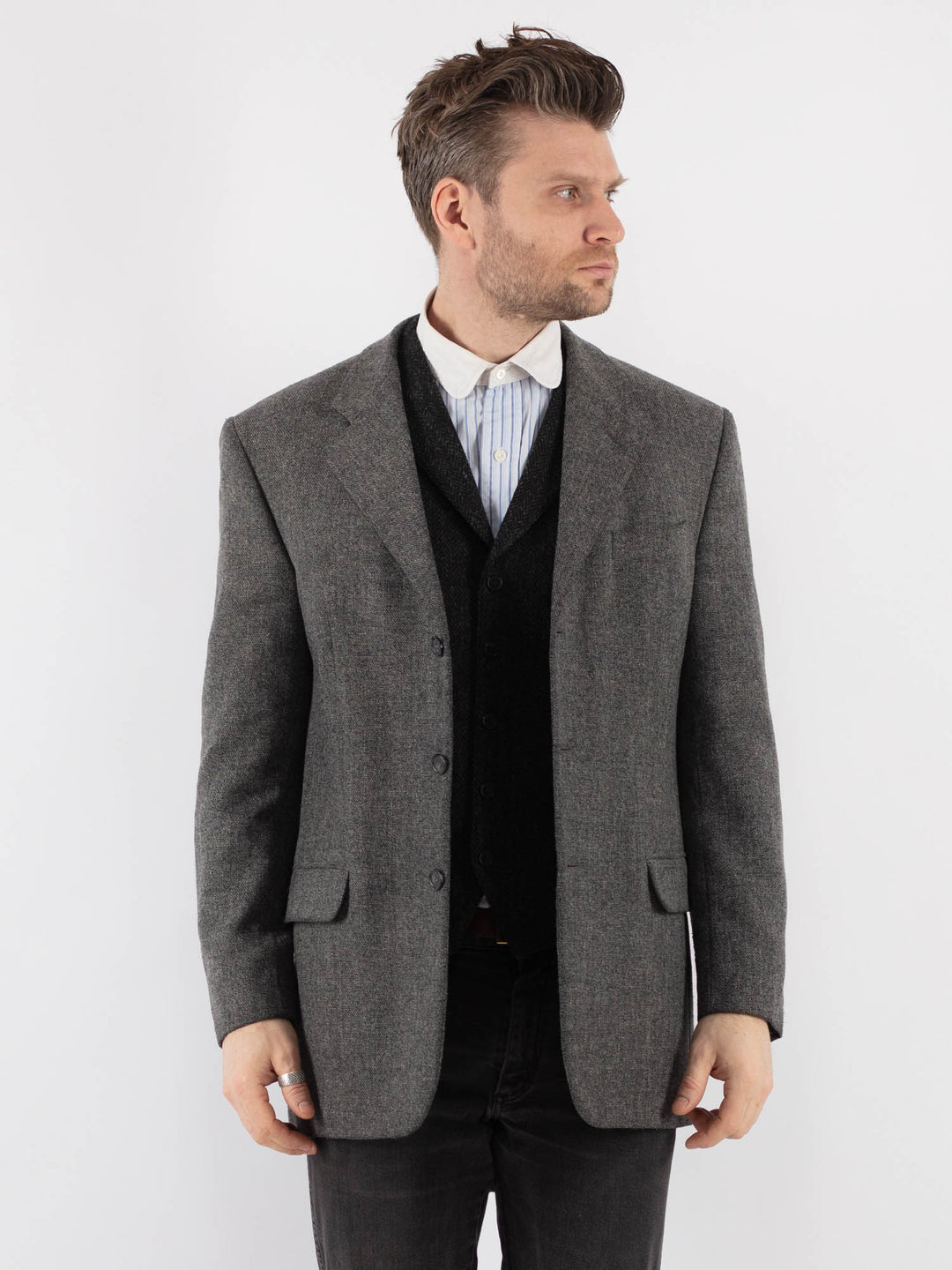 Vintage 90's Men Wool Blazer Jacket in Gray - NorthernGrip
