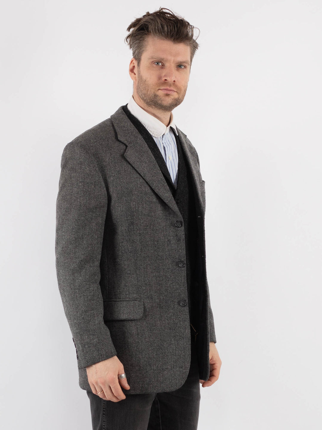 Vintage 90's Men Wool Blazer Jacket in Gray - NorthernGrip