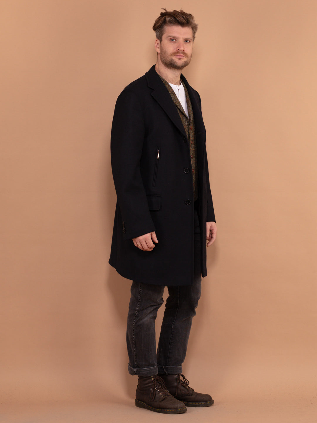 Vintage 90's Men Wool Blend Coat in Navy Blue - NorthernGrip