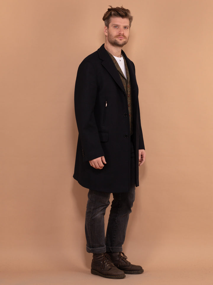 Vintage 90's Men Wool Blend Coat in Navy Blue - NorthernGrip